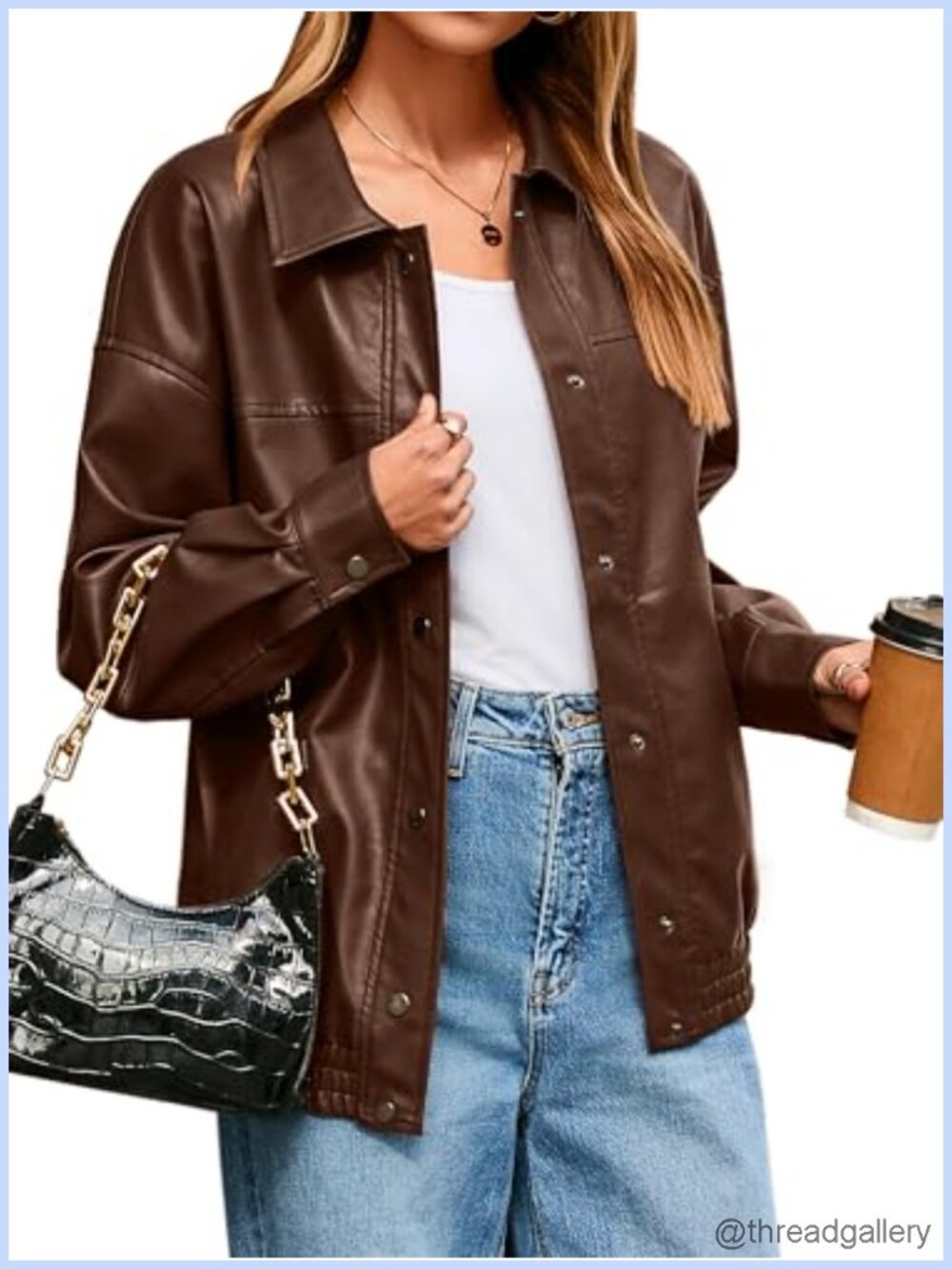 Faux Leather Motorcycle Bomber Jacket Loose Fit Button Down Women's Fall Winter